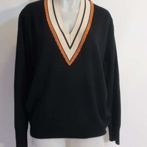 Women Sandro Paris Colle Black Striped Deep V-Neck Wool Cashmere Sweater 4 US/XL - Picture 7 of 11